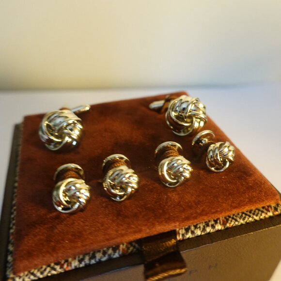 Silver Knotted Cufflinks Tuxedo Studs 6 Pieces New - Picture 1 of 2